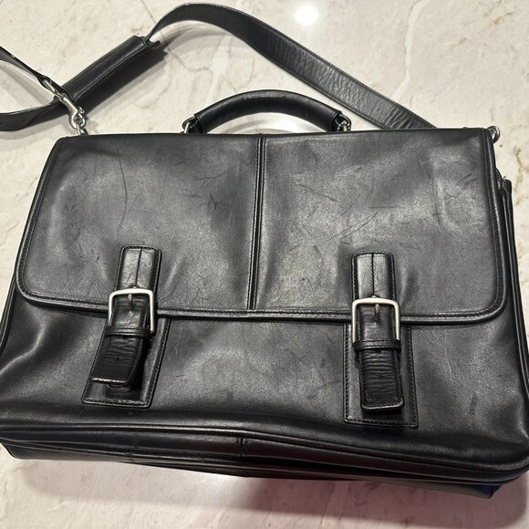 COACH Briefcase Black Leather Double Buckle Shoulder Strap Messenger Vintage - Picture 1 of 10